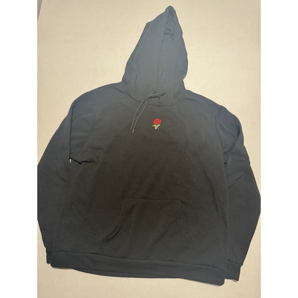 Justify Brand, Black Hooded Pullover sweatshirt w/ Rose, Men's Large
